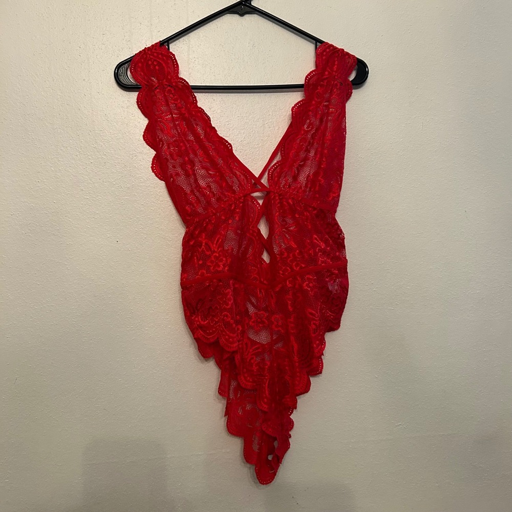 Unbranded Lace Bodysuit Women XL Red Excellent Floral Scalloped Lingerie Teddy